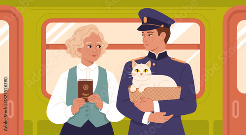 A warm scene featuring a train conductor holding a cat, capturing the essence of companionship and care within urban travel experiences, perfect for conveying connection and journey.
