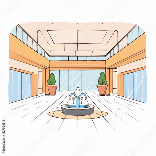 Empty shopping mall interior with a fountain, illustration