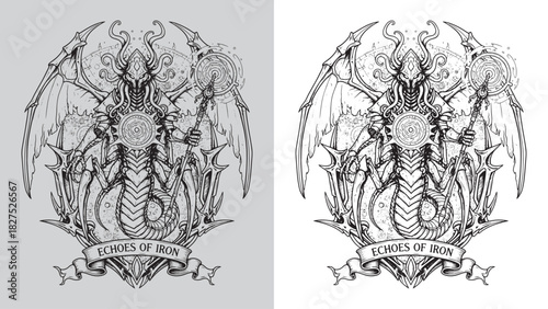 Steampunk Cthulhu-Like Leviathan Warrior with Staff and Tentacles Emblem