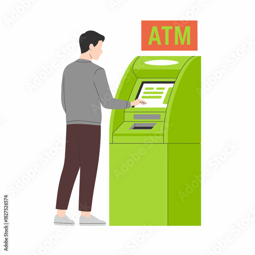 A user calmly engaging with a bright green ATM machine, illustrating the convenience of accessible banking and financial technology in everyday life.