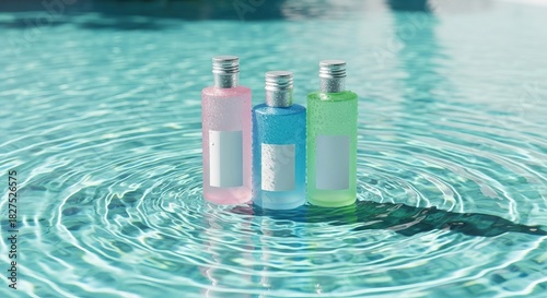 Three colorful cosmetic bottles floating on clear blue water with ripples.