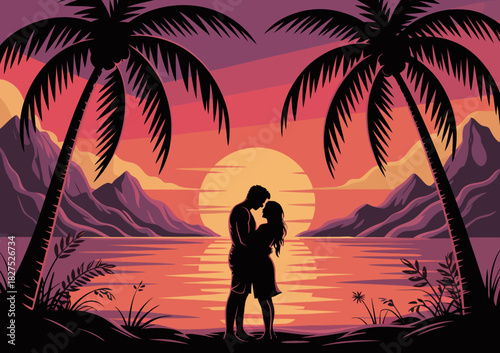 This silhouette of a couple embracing during a stunning sunset evokes feelings of love, passion, and deep connection against a beautiful tropical backdrop.