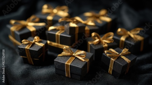 A collection of elegant gifts with golden ribbons, set against a dark background.