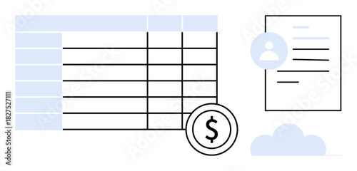 Spreadsheet table, dollar coin, user profile document, and cloud icon. Ideal for accounting, budgeting, finance tools, payroll data analysis cloud storage digital economy. Simple flat metaphor