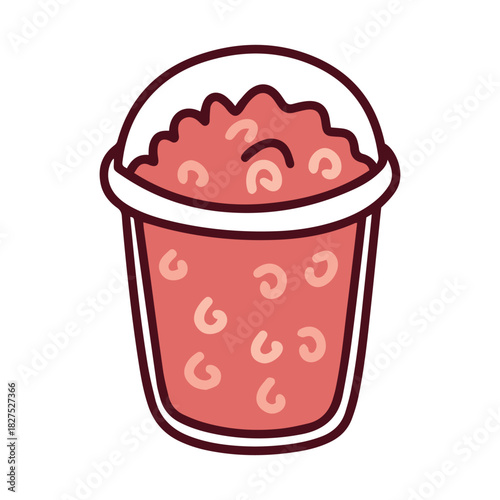 A cup filled with red strawberry shaved ice or granita. A refreshing frozen slushy dessert perfect for cooling down in the summer heat.