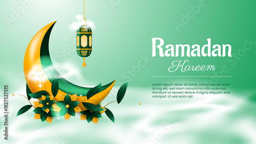 Ramadan kareem background features moon, flowers, and lantern