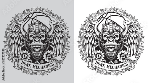 Viking Gorilla Mascot Head with Basketball Hoop, Chain, and Barbed Wire