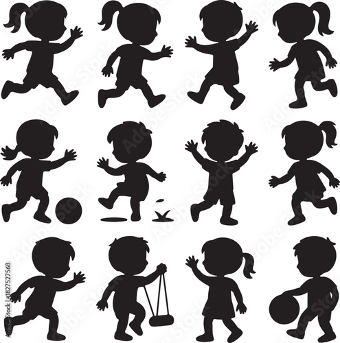 Silhouette Vector Illustration of Children Playing Different Activities in Black