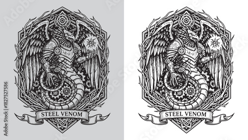 Steampunk Eagle-Serpent Warrior with Magic Orb and Rune Shield Emblem