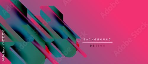 Abstract geometric shapes overlap, creating vibrant gradients. Pink background complements teal, purple hues. Modern design element.