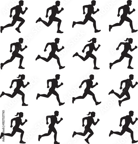 Silhouetted runners athletes jogging sprinting marathon athletes vector illustration