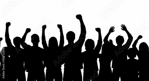 Silhouetted Crowd Raising Fists in Protest or Celebration.