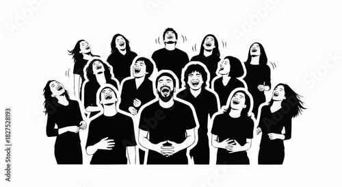 Group of people singing with open mouths and raised heads in unison.