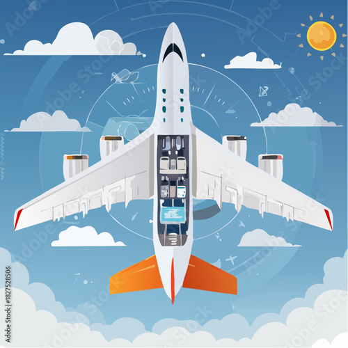 Cutaway airplane interior and exterior view