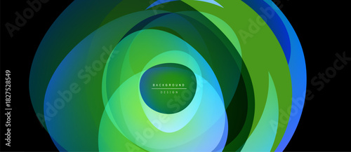 Abstract swirling layers, vibrant greens, blues create dynamic circular design. Modern background texture, smooth gradients present visual depth.