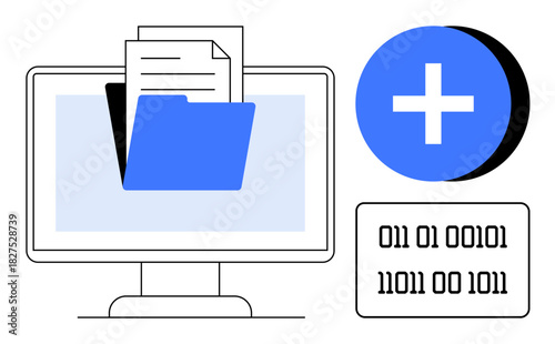 File management concept. Organizing and storing files with digital folder icons, binary code symbols, and data entry elements. File management for offices, cloud storage, workflow efficiency, IT