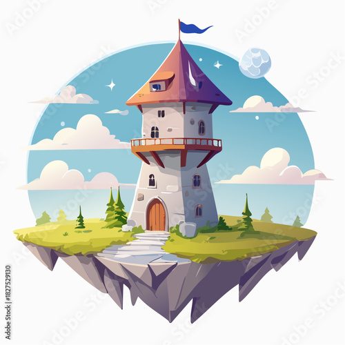 Fantasy floating island with tower and moon