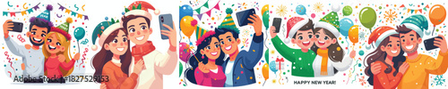 vector of couple taking selfies together celebrating the new year