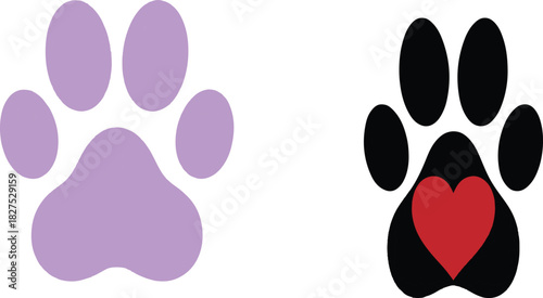 Two Paw Prints One Purple One Black With Red Heart animal vector illustration EPS file download.
