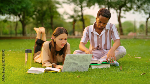 Indian young adult gen z lady female lying on grass use laptop look screen check new email e work garden park. Busy pupil male man do exam study read course book spend break time day college place