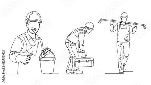 Continuous Line Worker Illustrations – One-Line Construction Figures with Tools and Equipment