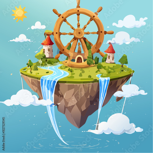 Floating island with ship wheel and waterfall