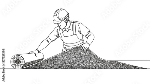 Worker Unrolling Material Sheet – Minimal Industrial Outline Illustration