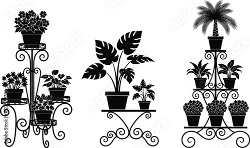 Black silhouette potted plants on ornate metal stands and shelves black and white