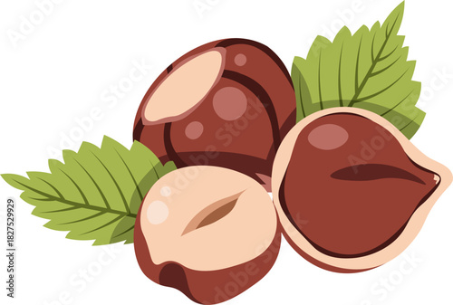 Hazelnut with leaves flat vector illustration isolated on white. Autumn nut collection for seasonal packaging, fall recipe, cafe menu, bakery branding. Ideal for label, sticker, decor, food blog