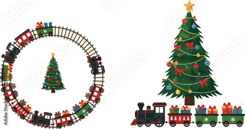 Christmas train carrying gifts circles a decorated tree and a separate train with presents sits by another tree