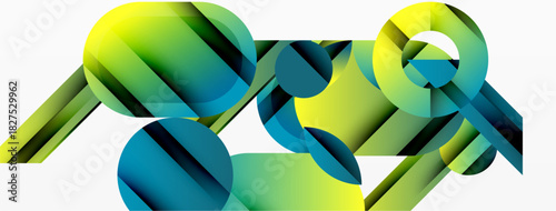 Abstract composition featuring overlapping spheres, cylinders. Gradient colors blend from green to blue. Modern design, clean aesthetic.