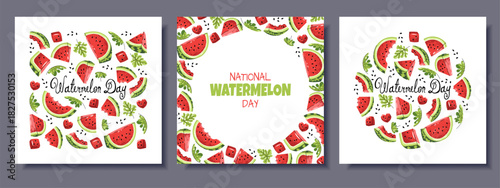 Square Watermelon Day Banner Set in Flat Design. Greeting Cards, Invitations, Menu Templates for Fruit-Themed Events. Cover with watermelon slices for Summer Party, Farmers Markets, Cultural Festival