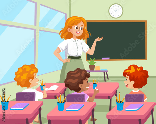A vibrant classroom scene with a teacher animatedly involving her young students, capturing the essence of learning, enthusiasm, and the joy of education in a welcoming space.