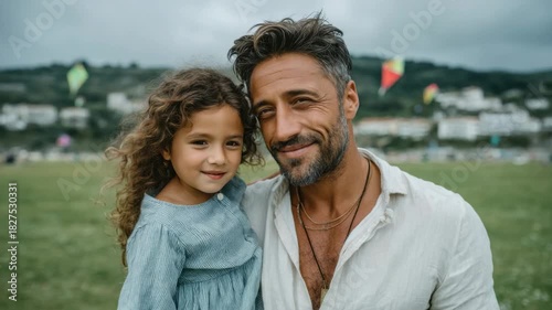 Happy father and daughter enjoying a playful moment outdoors on a cloudy day at the park
