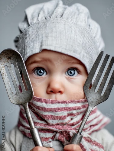Cute baby chef holds spatulas and prepares to cook in a cozy kitchen setting during the day