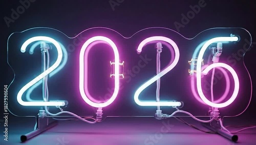 暗い背景に浮かぶネオン調の2026の数字 Neon 2026 Sign Glowing in the Dark