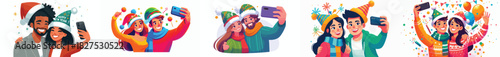 vector landscape of couple taking selfies together celebrating the new year