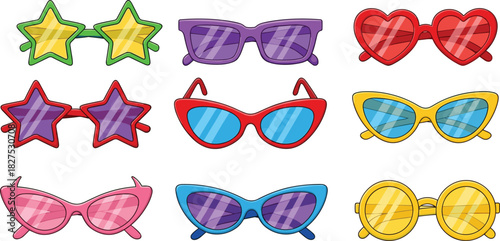 Collection of nine colorful novelty sunglasses in various shapes and styles eyewear