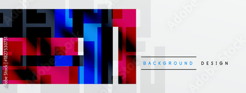 Abstract geometric pattern. Blocks combine blue, pink, black, white. Modern design element for backgrounds, presentations. Clean aesthetic.