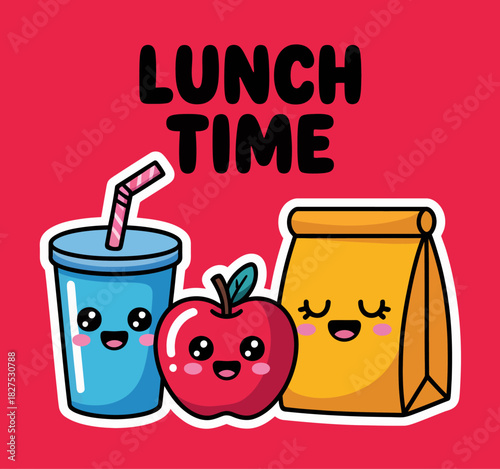 An adorable illustration featuring a happy apple, a cheerful drink, and a playful lunch bag emphasizes the joy and fun of lunchtime for children and healthy eating habits.