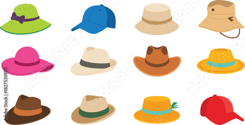 Collection of twelve diverse cartoon style hats in various colors and styles assortment