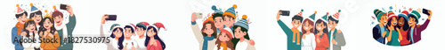 vector of young people taking selfies together celebrating the new year