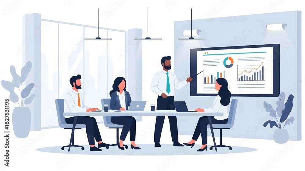 Obraz premium Corporate leader presenting financial data and analytics on a large screen to colleagues in a conference room meeting