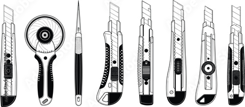 Collection of utility knives and a rotary cutter in black and white line art utility knife