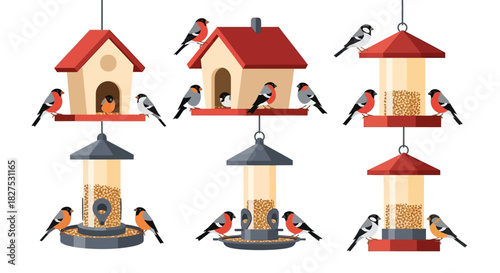 Set of Rustic Winter Bird Houses and Feeders Collection