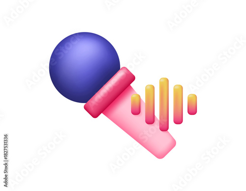 Karaoke concept. Voice recorder app or music studio. Illustration of a microphone and sound waves. Sound, music, song. 3D style design. White background.
