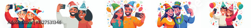 vector landscape of couple taking selfies together celebrating the new year