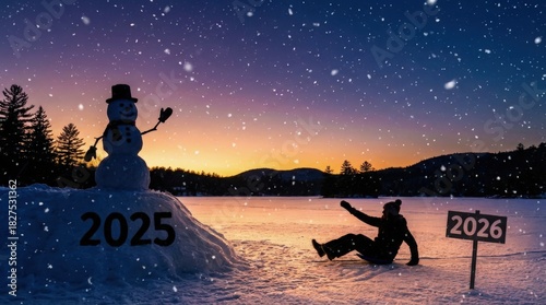 Snowy winter twilight scene with 2025 snowman and 2026 sign, symbolizing new year transition.