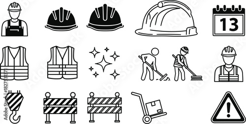 Construction worker safety gear and tools icons with workers and warning signs hard hat