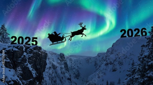 Santa's sleigh flying from 2025 to 2026 over snowy mountains under a vibrant Northern Lights sky.